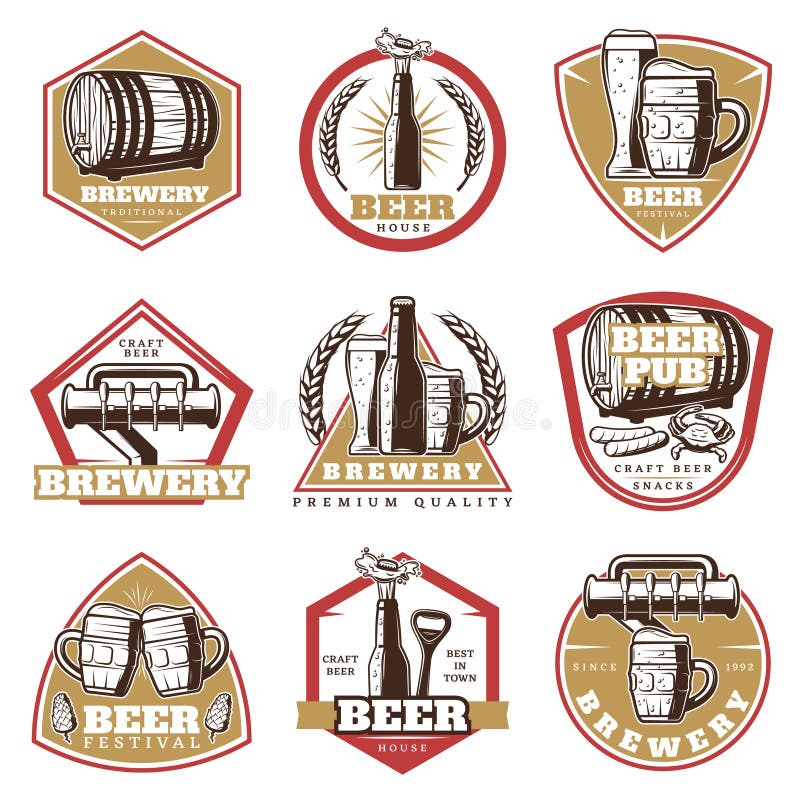 Emblemas coloridos da cerveja do vintage ajustados ilustração royalty free Emblemas coloridos da cerveja do vintage ajustados ilustração royalty free