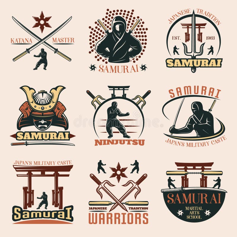Emblemas coloridos do samurai ajustados ilustração stock Emblemas coloridos do samurai ajustados ilustração stock