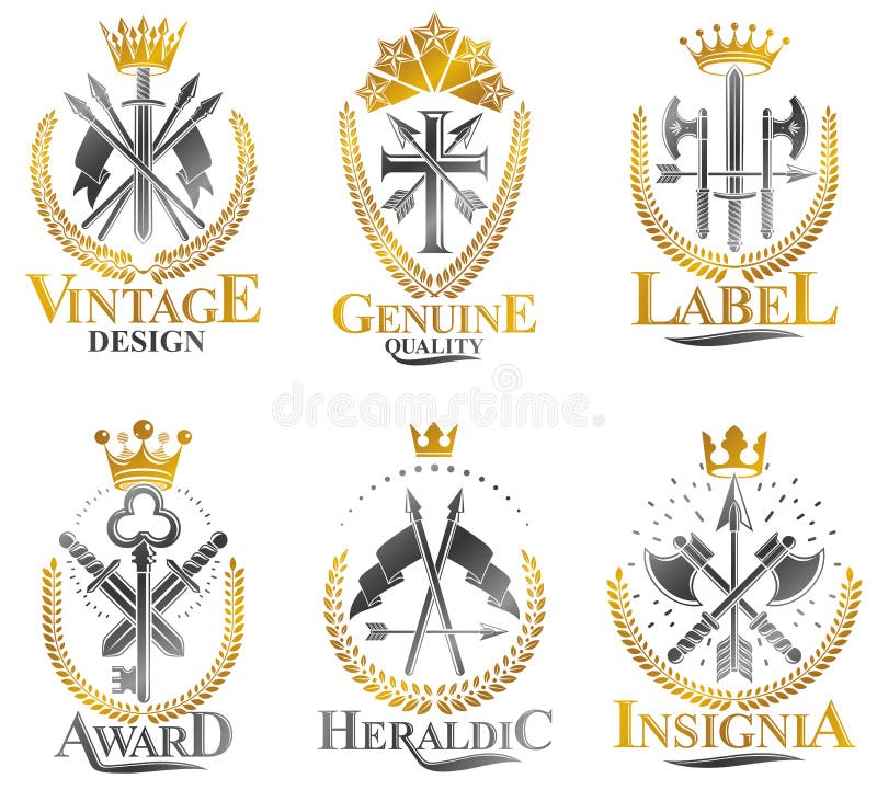 Emblemas da arma do vintage ajustados A brasão heráldica, vetor do vintage simboliza a coleção ilustração stock Emblemas da arma do vintage ajustados A brasão heráldica, vetor do vintage simboliza a coleção ilustração stock