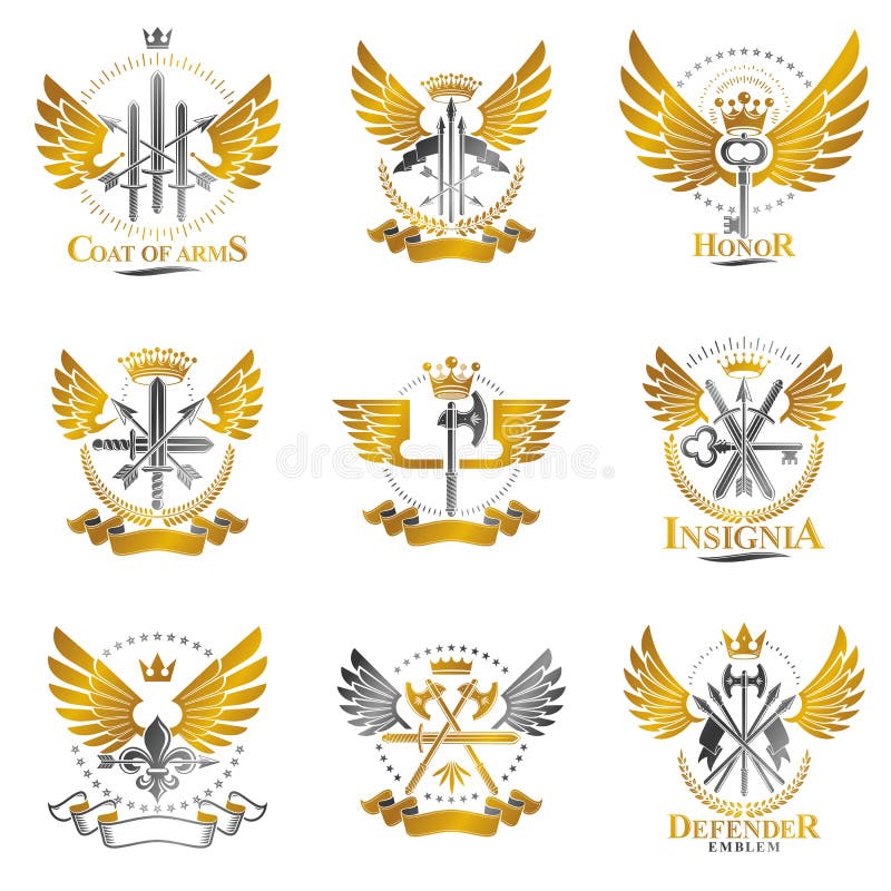 Emblemas da arma do vintage ajustados Os emblemas decorativos da brasão heráldica isolaram a coleção das ilustrações do vetor ilustração do vetor Emblemas da arma do vintage ajustados Os emblemas decorativos da brasão heráldica isolaram a coleção das ilustrações do vetor ilustração do vetor