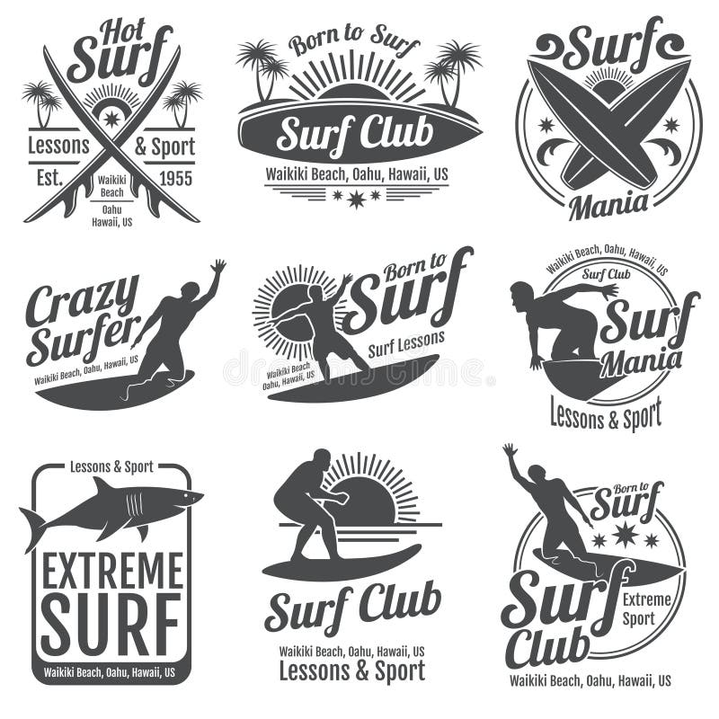 Emblemas del vintage del vector del club que practican surf Tablero de resaca en muestras de la onda ilustración del vector Emblemas del vintage del vector del club que practican surf Tablero de resaca en muestras de la onda ilustración del vector