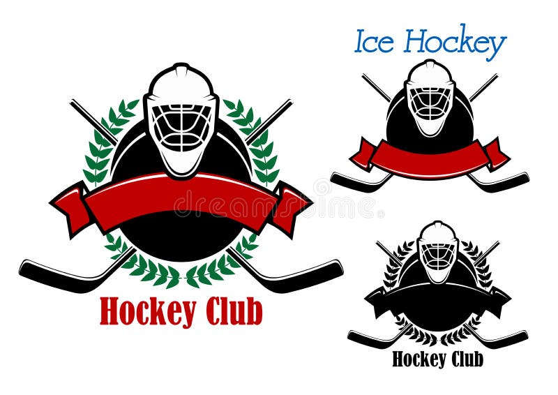 Emblemas de clubes de hóquei no gelo com artigos desportivos ilustração do vetor