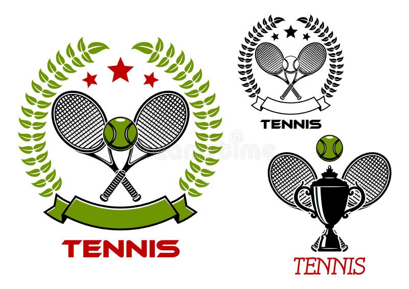 Emblemas de torneios de ténis com artigos desportivos ilustração do vetor