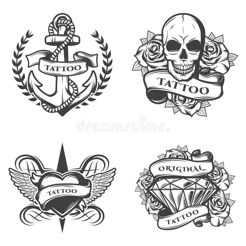 Emblemas do estúdio da tatuagem do vintage ajustados ilustração do vetor Emblemas do estúdio da tatuagem do vintage ajustados ilustração do vetor
