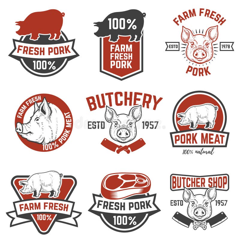 Emblemas frescos da carne de carne de porco da exploração agrícola Elementos do projeto para o logotipo, etiqueta, ilustração do vetor Emblemas frescos da carne de carne de porco da exploração agrícola Elementos do projeto para o logotipo, etiqueta, ilustração do vetor