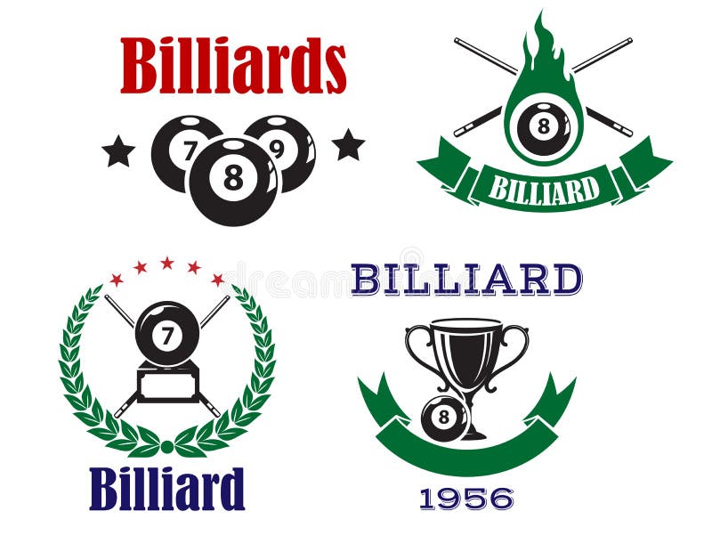 Emblemas retro para bilhar com tacos e bolas ilustração do vetor