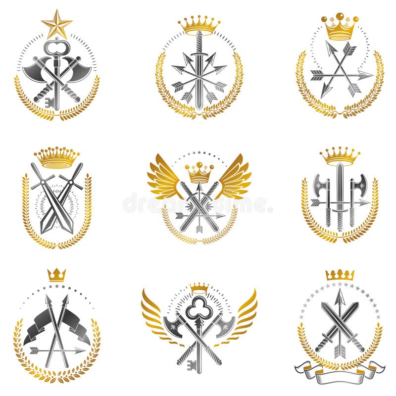 Emblemi d'annata dell'arma messi Gli emblemi decorativi della stemma araldica hanno isolato la raccolta delle illustrazioni di ve royalty illustrazione gratis Emblemi d'annata dell'arma messi Gli emblemi decorativi della stemma araldica hanno isolato la raccolta delle illustrazioni di ve royalty illustrazione gratis