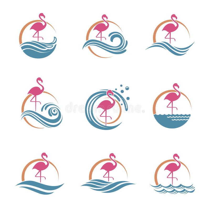 Collection of pink flamingo emblems with sun and waves. Collection of pink flamingo emblems with sun and waves