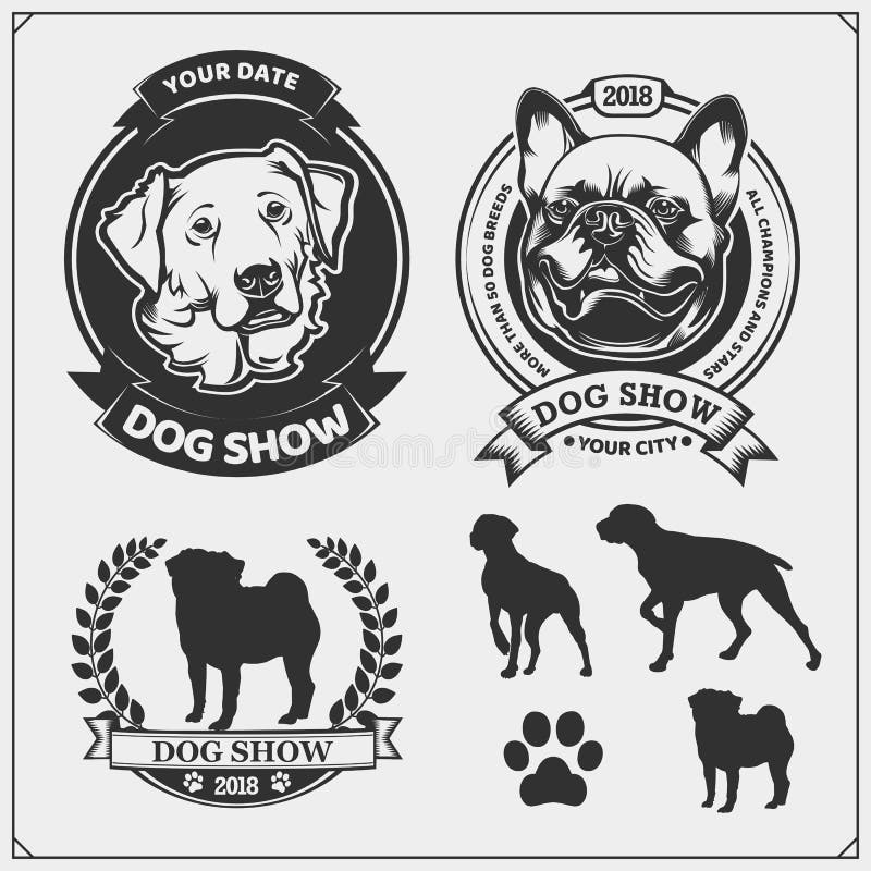 Emblemi dell'esposizione canina, etichette, distintivi ed elementi di progettazione Caratteri amichevoli svegli degli animali dom illustrazione vettoriale Emblemi dell'esposizione canina, etichette, distintivi ed elementi di progettazione Caratteri amichevoli svegli degli animali dom illustrazione vettoriale