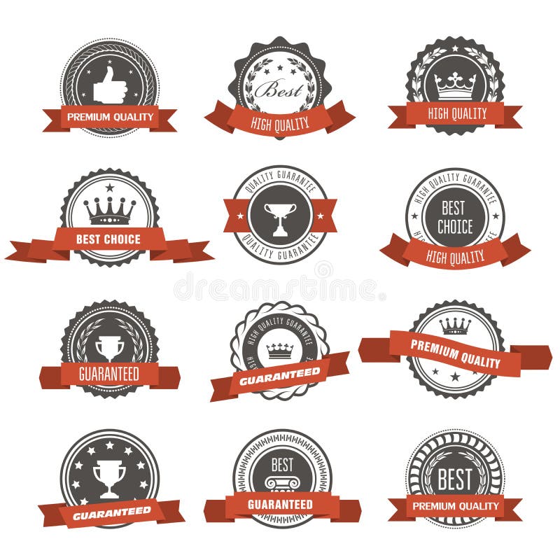 Emblemi, distintivi e bolli con i nastri - premi e guarnizioni illustrazione vettoriale Emblemi, distintivi e bolli con i nastri - premi e guarnizioni illustrazione vettoriale