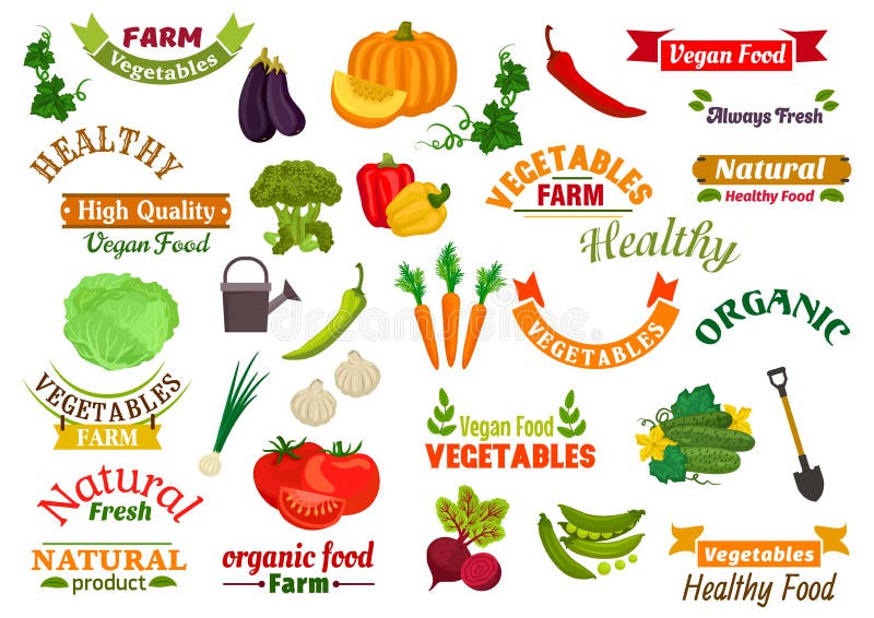 Emblemi vegetariani delle verdure, nastri messi royalty illustrazione gratis Emblemi vegetariani delle verdure, nastri messi royalty illustrazione gratis