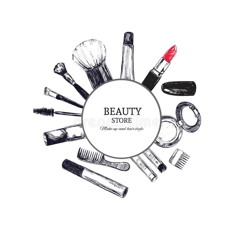 Emblème de magasin de beauté avec le type conception et cosmétiques Salon de beauté Composez l'artiste illustration de vecteur Emblème de magasin de beauté avec le type conception et cosmétiques Salon de beauté Composez l'artiste illustration de vecteur