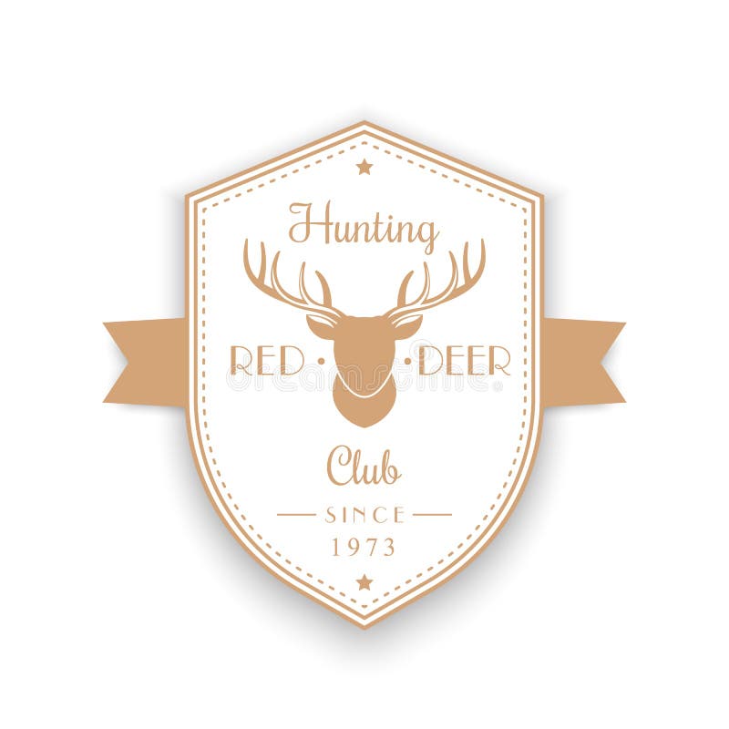 Emblème de vintage de club de chasse, insigne, logo avec la tête de cerfs communs, logo de forme de bouclier sur le blanc illustration libre de droits Emblème de vintage de club de chasse, insigne, logo avec la tête de cerfs communs, logo de forme de bouclier sur le blanc illustration libre de droits
