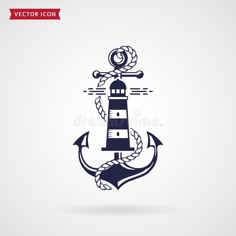 Nautical emblem with anchor, lighthouse and rope. Elegant design for t-shirt, sea label or poster. Navy blue element isolated on white background. Vector illustration. Nautical emblem with anchor, lighthouse and rope. Elegant design for t-shirt, sea label or poster. Navy blue element isolated on white background. Vector illustration.