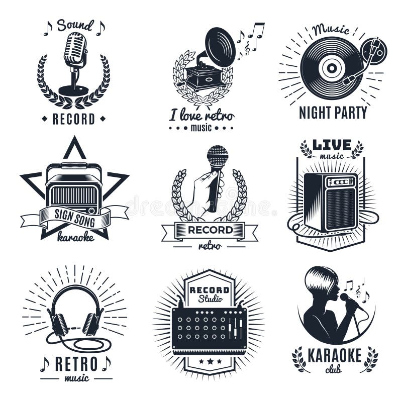 Emblèmes monochromes de vintage d'éléments de karaoke illustration de vecteur Emblèmes monochromes de vintage d'éléments de karaoke illustration de vecteur