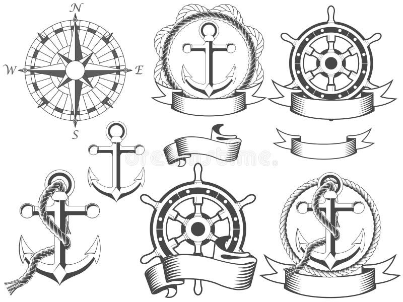 Nautical emblems with different seafaring design elements. Nautical emblems with different seafaring design elements