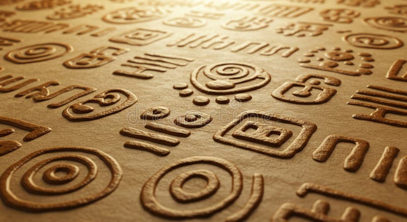 Embossed hieroglyph-like symbols cover a surface, creating a textured pattern. vector illustration