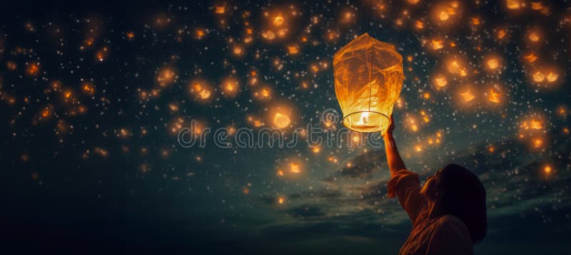 Embrace of Light concept, A person releasing a lantern into the night sky, symbolizing letting go