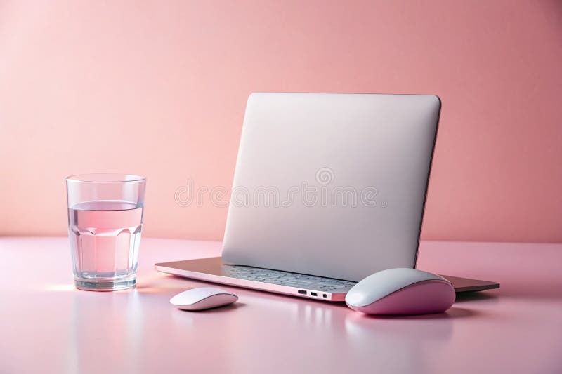 Pink Minimalist Workspace Inspiring Modern Productivity and Creative Flow with a Clean Stylish Setup Featuring Laptop stock image