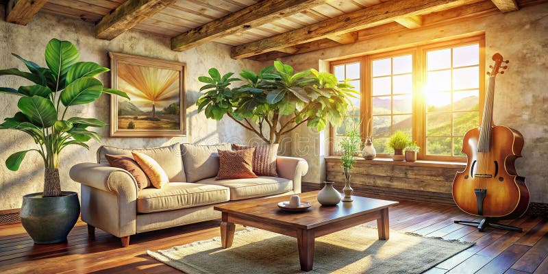 Abbraccia il Fascino Rustico: Un Accogliente Soggiorno con Lino, Travi in Legno e una Ficus Lyrata Imponente illustrazione di stock