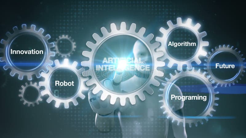 Embrayez avec le mot-clé, avenir, programmant, algorithme, innovation, robot, ` d'INTELLIGENCE ARTIFICIELLE de ` d'écran tactile illustration libre de droits Embrayez avec le mot-clé, avenir, programmant, algorithme, innovation, robot, ` d'INTELLIGENCE ARTIFICIELLE de ` d'écran tactile illustration libre de droits