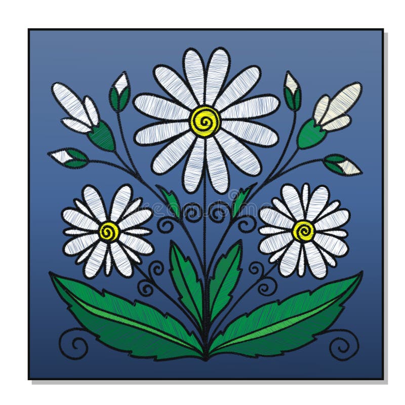 Embroidered bouquet of daisies on a blue background royalty free illustration Embroidered bouquet of daisies on a blue background royalty free illustration