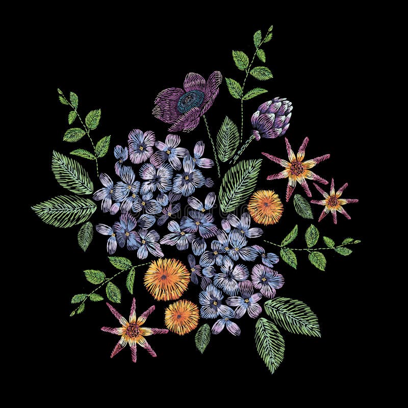 Embroidered composition with branch of lilac, flowers and leaves. Satin stitch embroidery floral design on black