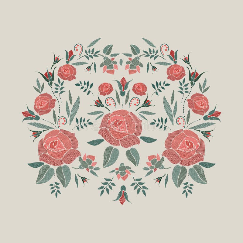 Embroidered composition with roses flowers, buds and leaves. Satin stitch embroidery floral design on beige background
