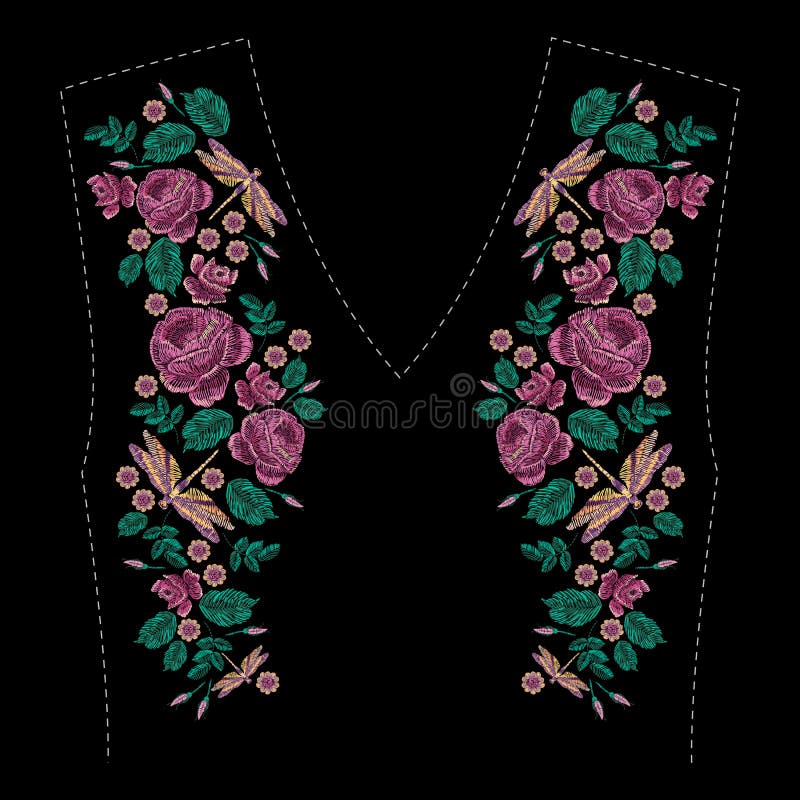 Embroidered composition with roses, wildflowers, leaves and dragonfly. Satin stitch embroidery floral design on black