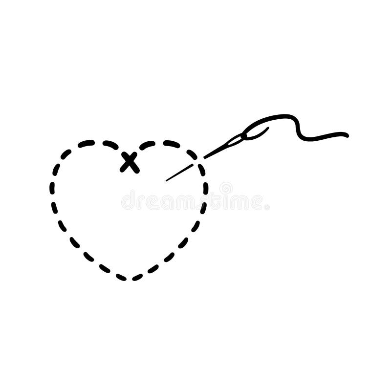 Embroidered Heart with Needle Black and White Illustration Stock ...