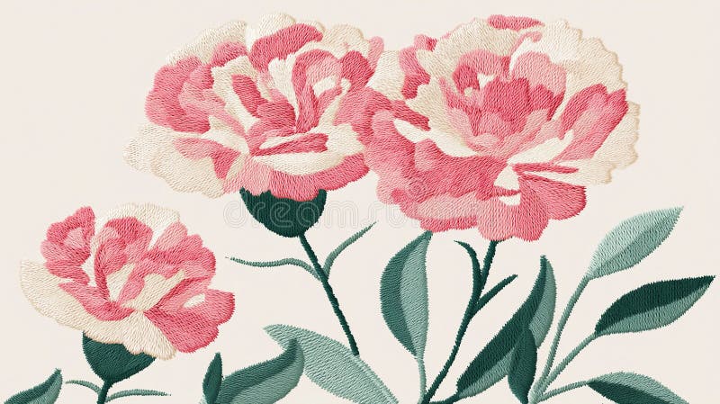Embroideria con garofani rosa con luci bianche su un tessuto beige illustrazione vettoriale
