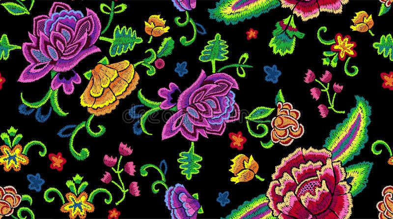 Embroidery botanical seamless pattern with colorful simplify flowers. stock illustration