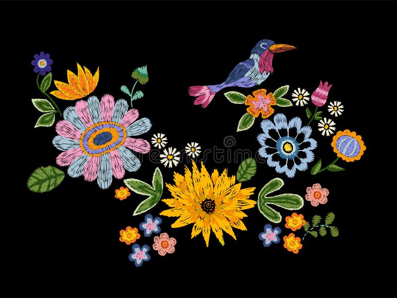 Embroidery Ethnic Pattern with Bird and Fantasy Flowers. Stock Vector -  Illustration of isolated, botanical: 110976981