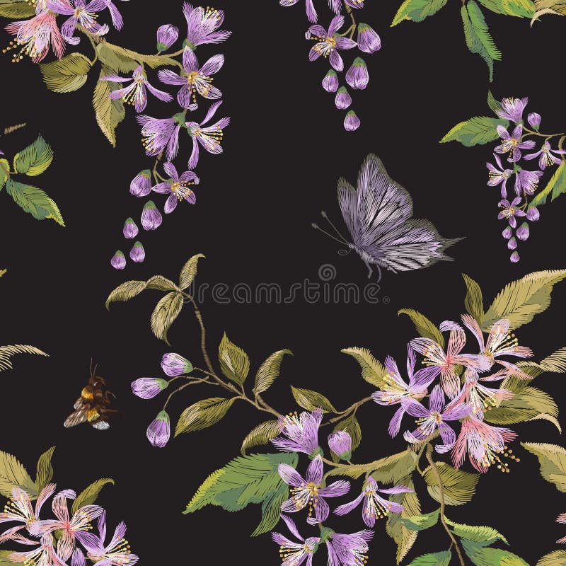 Embroidery floral seamless pattern with lilac blossom, butterfly