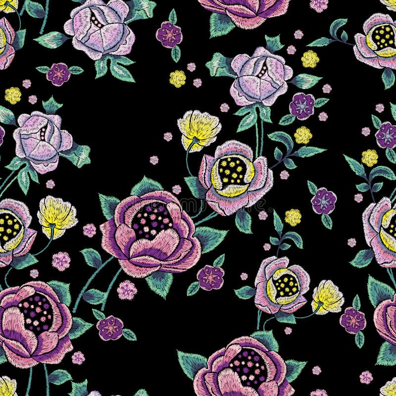 Embroidery floral seamless pattern with pale roses. stock illustration