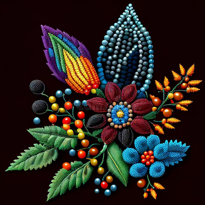Embroidery Flower, Floral Pattern with Small Beads, Embroidered