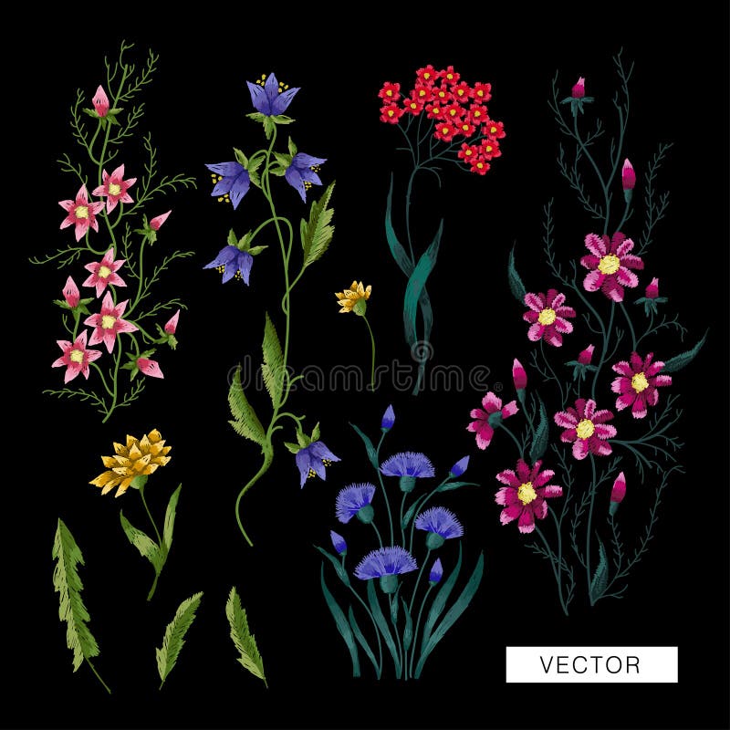 Embroidery Flowers Seamless Pattern Bright Embroidered Floral Print
