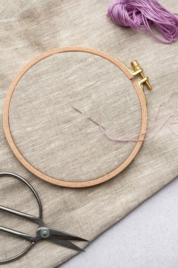 Embroidery Hoop, Fabric, Thread and Other Accessories Stock Photo