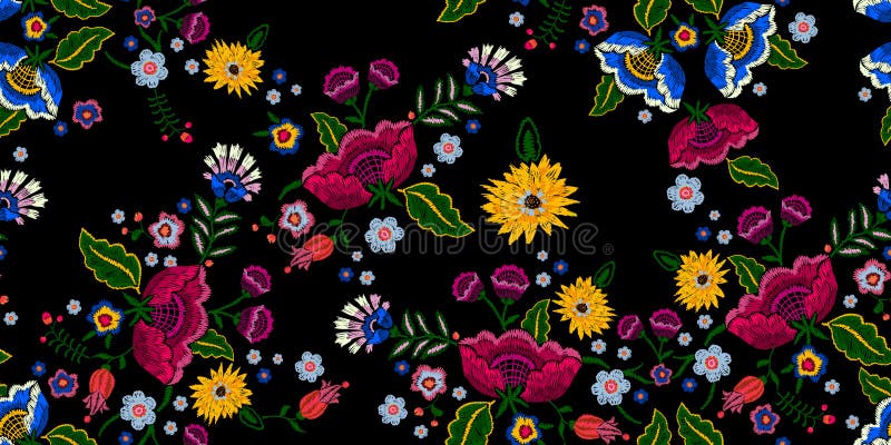 Embroidery native seamless pattern with simplify flowers. vector illustration