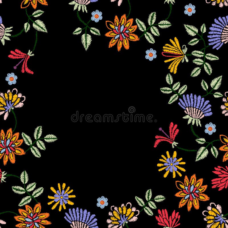 Embroidery repeat pattern with ethnic flowers. vector illustration