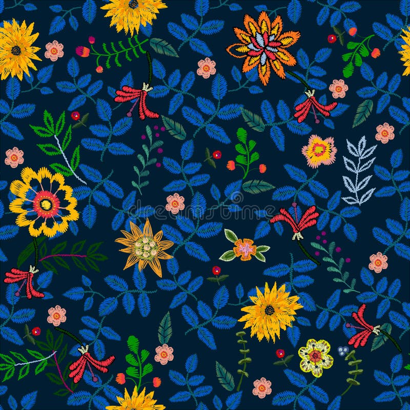 Embroidery repeat pattern with ethnic flowers. stock illustration