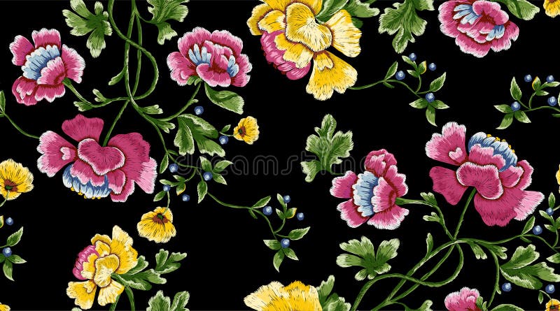 Embroidery repeat pattern with simplify flowers and berries. vector illustration