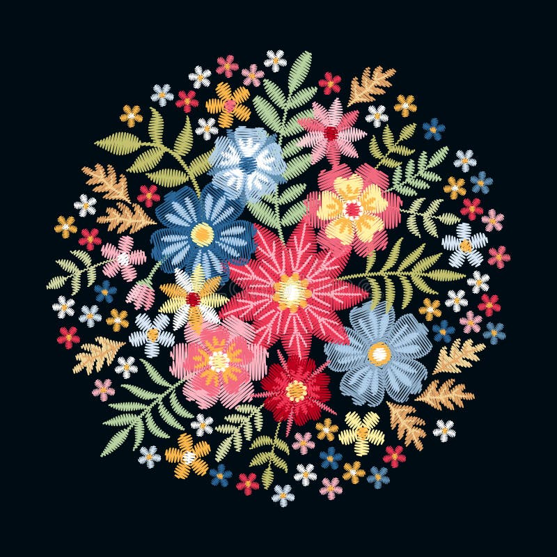 Embroidery. Round pattern with colorful wild flowers and leaves. Cute circle floral composition on black background.