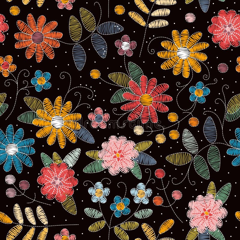 Embroidery seamless pattern. Beautiful summer flowers. Decorative floral ornament.