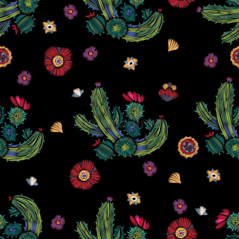 Embroidery seamless pattern with cactus and flowers. royalty free illustration