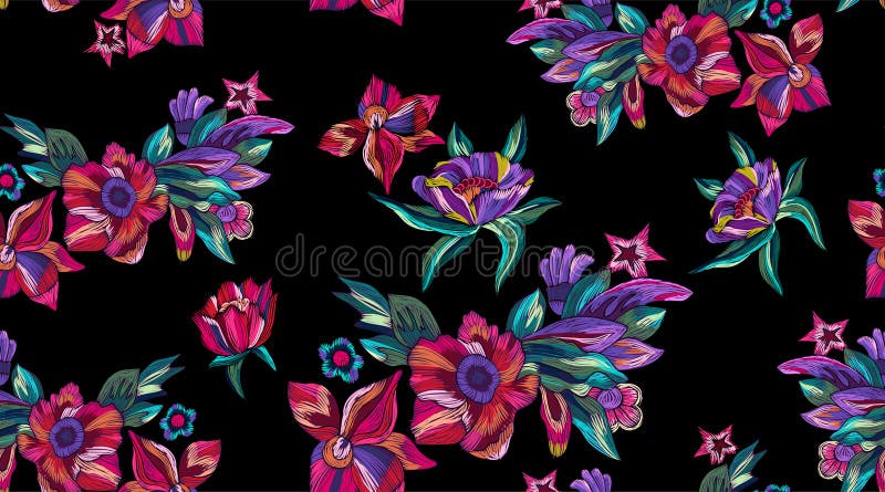 Embroidery seamless pattern with modern bright flowers. royalty free illustration