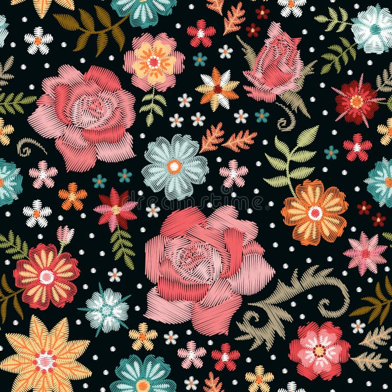 Embroidery seamless pattern with roses and fantasy flowers. Colorful embroidered print for fabric and textile vector illustration