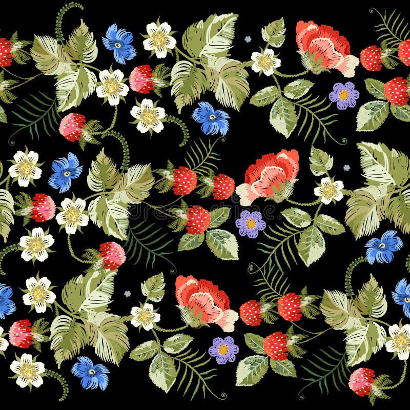 Embroidery seamless pattern with strawberries and flowers. Vector floral repeat patch..