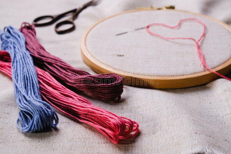 Embroidery Set. White Linen Fabric, Embroidery Hoop, Colorful Threads