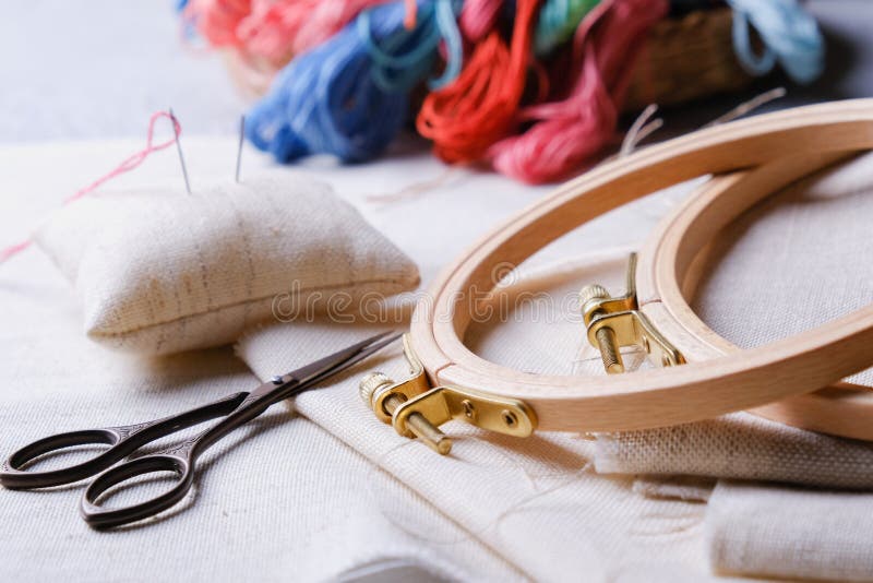 Embroidery Set. White Linen Fabric, Embroidery Hoop, Colorful Threads
